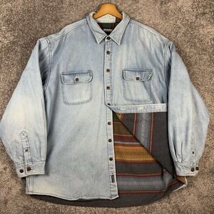 VTG Wolverine Denim Shirt Men's 2XL Tall Fleece Lined Shacket Outdoors Faded